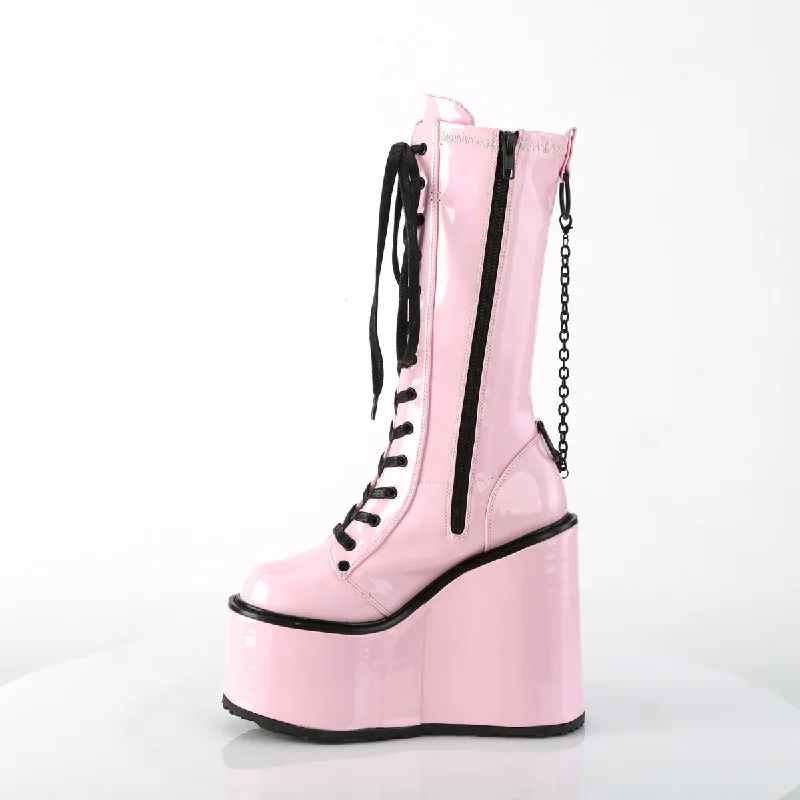 Swing 150 Draped Chain Platform Knee Boots Pink Hologram Patent