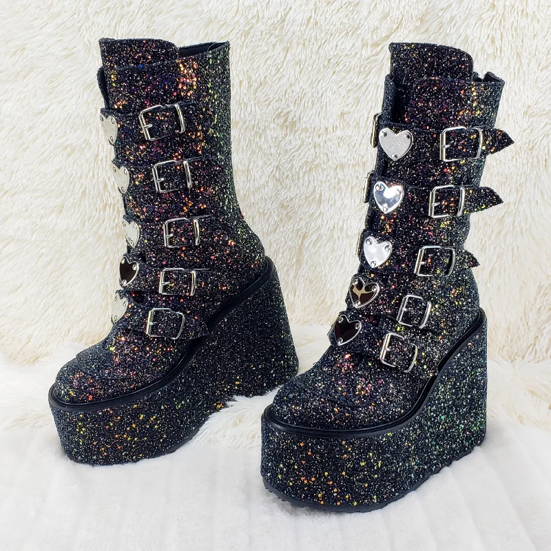 Swing 230G Black Glitter Mid Calf Boot 5.5"" Platform Heart Strap Design Goth  - Demonia Direct