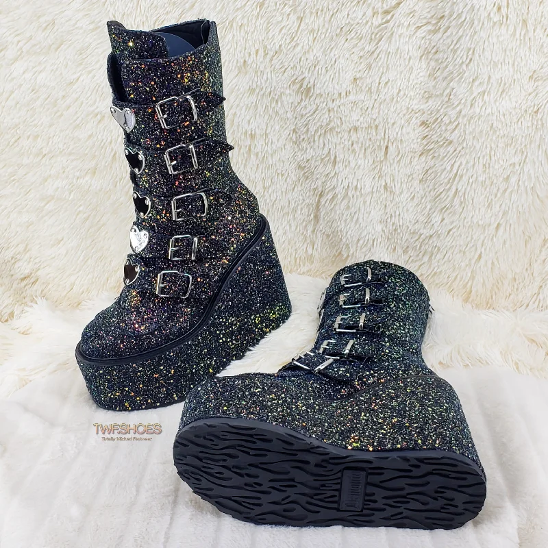 Swing 230G Black Glitter Mid Calf Boot 5.5"" Platform Heart Strap Design Goth  - Demonia Direct