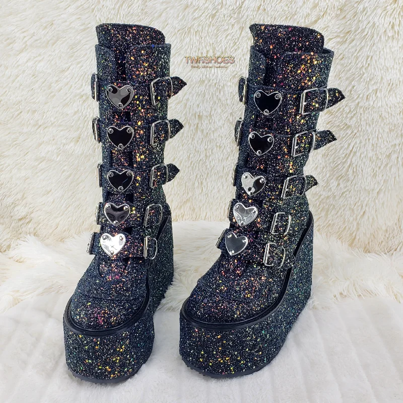 Swing 230G Black Glitter Mid Calf Boot 5.5"" Platform Heart Strap Design Goth  - Demonia Direct