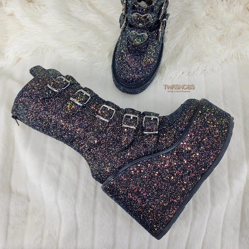 Swing 230G Black Glitter Mid Calf Boot 5.5"" Platform Heart Strap Design Goth  - Demonia Direct