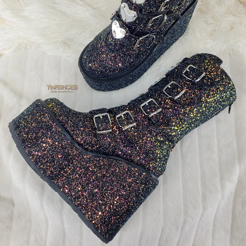 Swing 230G Black Glitter Mid Calf Boot 5.5"" Platform Heart Strap Design Goth  - Demonia Direct