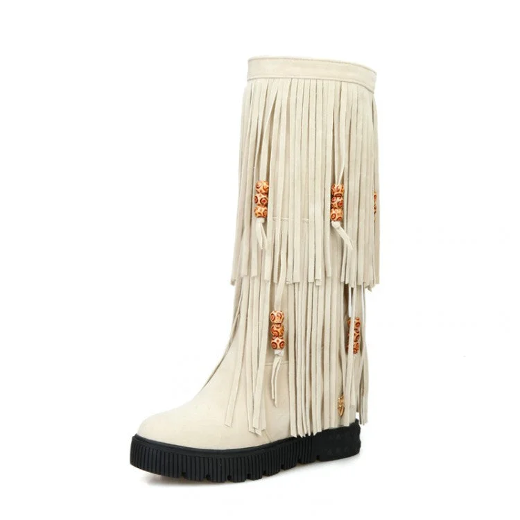 Tassel Suede Mid Calf Boots Wedge Heel 6700