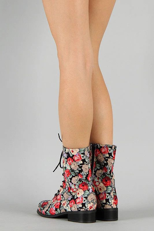 Wild Diva Madrid-10 Floral Lace Up Mid Calf Boot