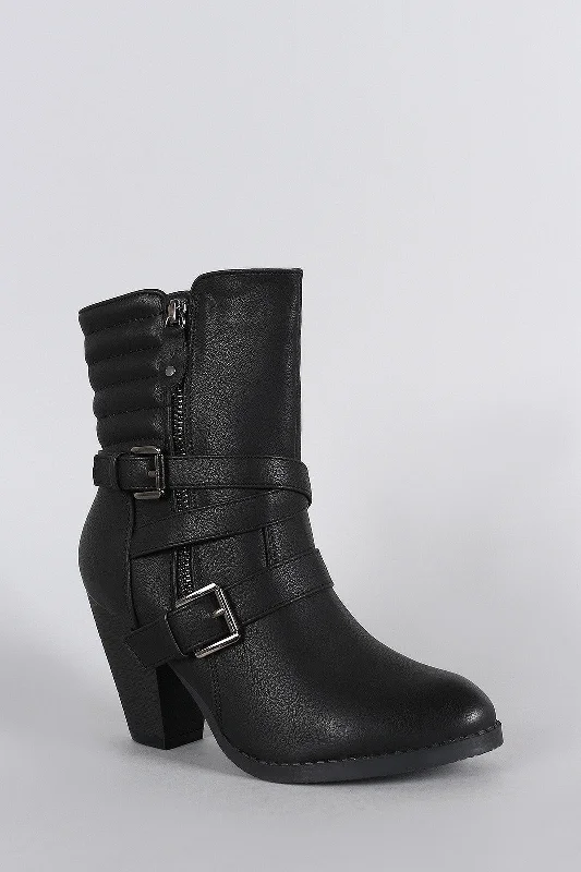 Zipper Strappy Buckle Quilted Chunky Heeled Mid Calf Boots