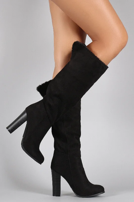 Wild Diva Lounge Suede Faux Fur Cuff Heeled Boots