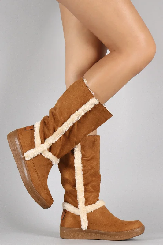 Suede Faux Fur Trim Mid Calf Snow Boots