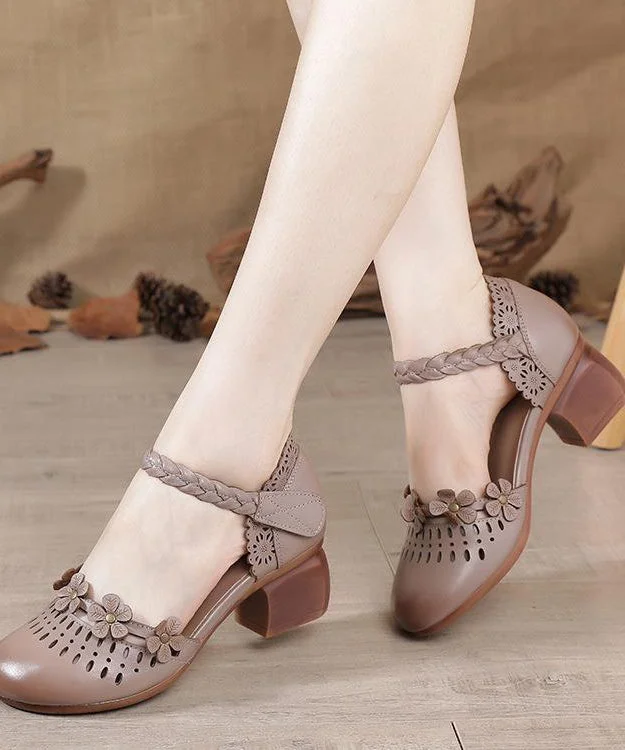 Vintage Apricot Cowhide Leather Sandals Hollow Out Buckle Strap