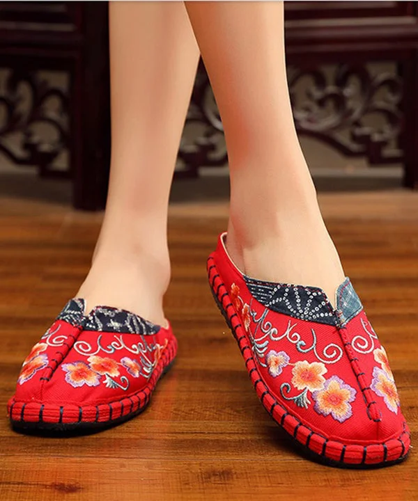 Vintage Red Slide Sandals Embroidered Cotton Fabric Splicing Slides