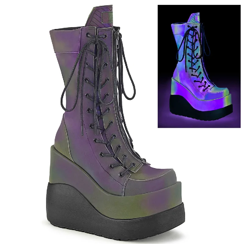 Void 118 Purple Green Reflective Platform Mid Calf Boots Demonia Direct