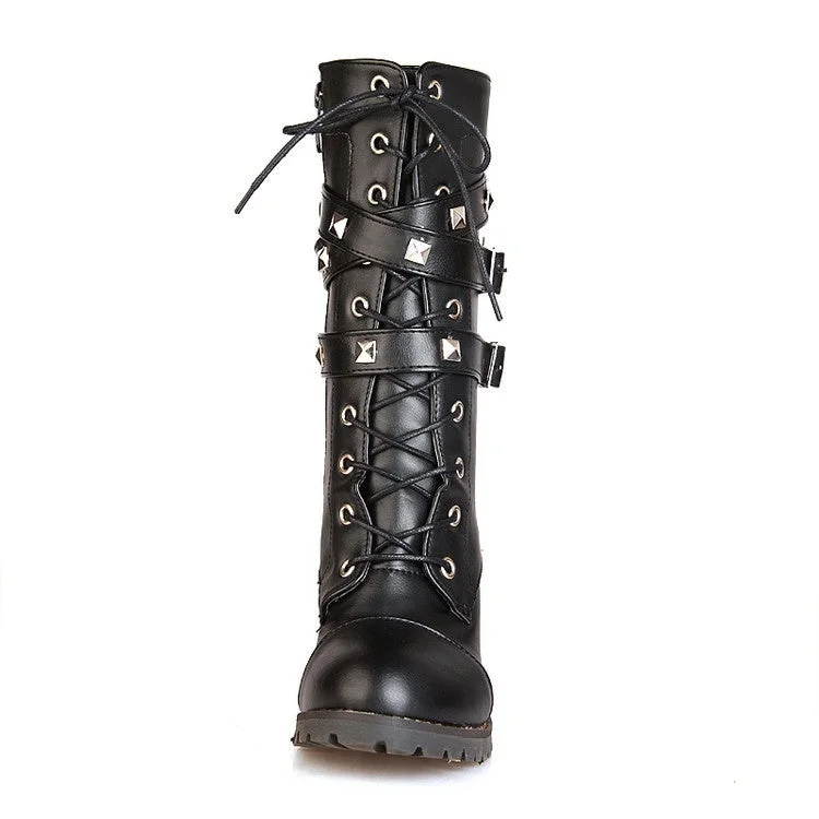 Woman's Side Zipper Rivet Thick Heel Mid Calf Boots High Heel Lace Up Martin Boots Shoes