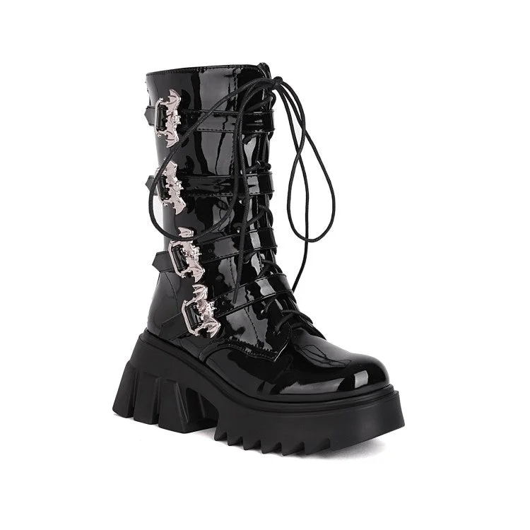 Women's Glossy Metal Buckle Straps Lace Up Block Chunky Heel Platform Mid-calf Boots