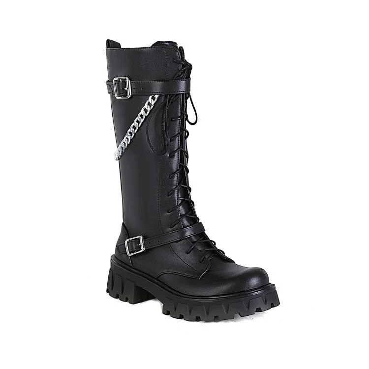 Glossy Round Toe Metal Chains Lace Up Side Zippers Block Chunky Heel Platform Mid Calf Boots for Women