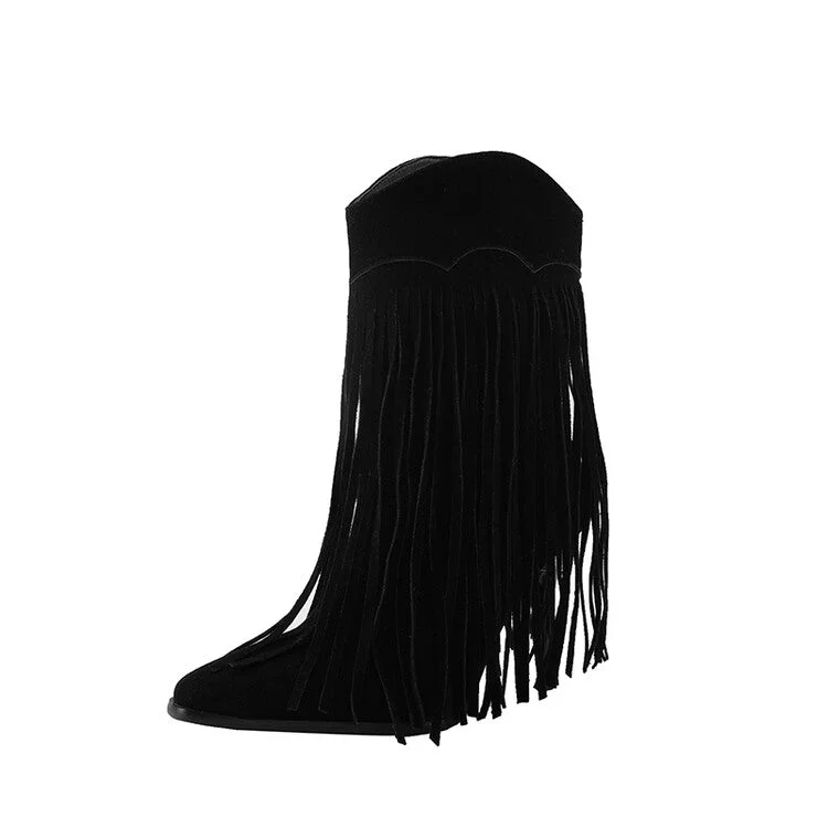 Women's Pointed Toe Tassel Stiletto Heel Mid-Calf Boots