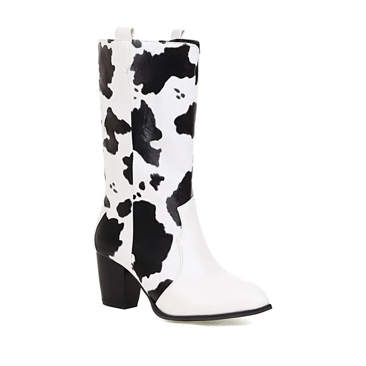 Women's Pu Leather Pointed Toe Cow Block Chunky Heel Mid Calf Boots