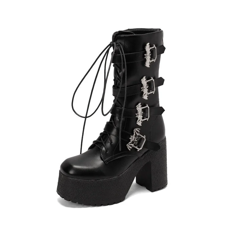 Pu Leather Round Toe Lace Up Buckle Straps Block Chunky Heel Platform Mid-calf Boots for Women