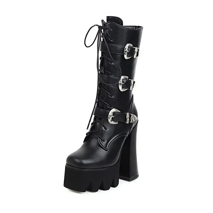 Pu Leather Square Toe Lace Up Buckle Straps Block Chunky Heel Platform Mid-calf Boots for Women