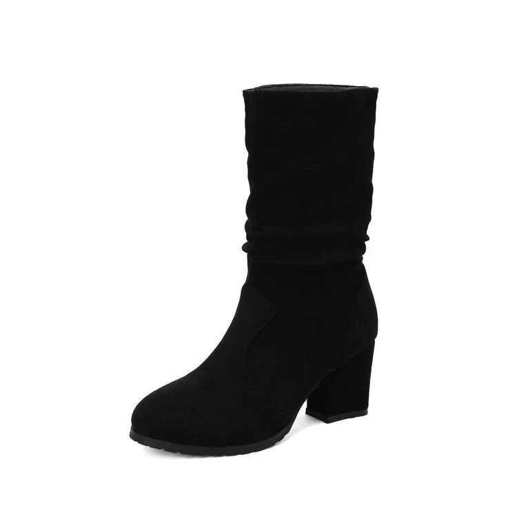 Women's Round Toe Slouch Block Chunky Heel Mid-Calf Boots