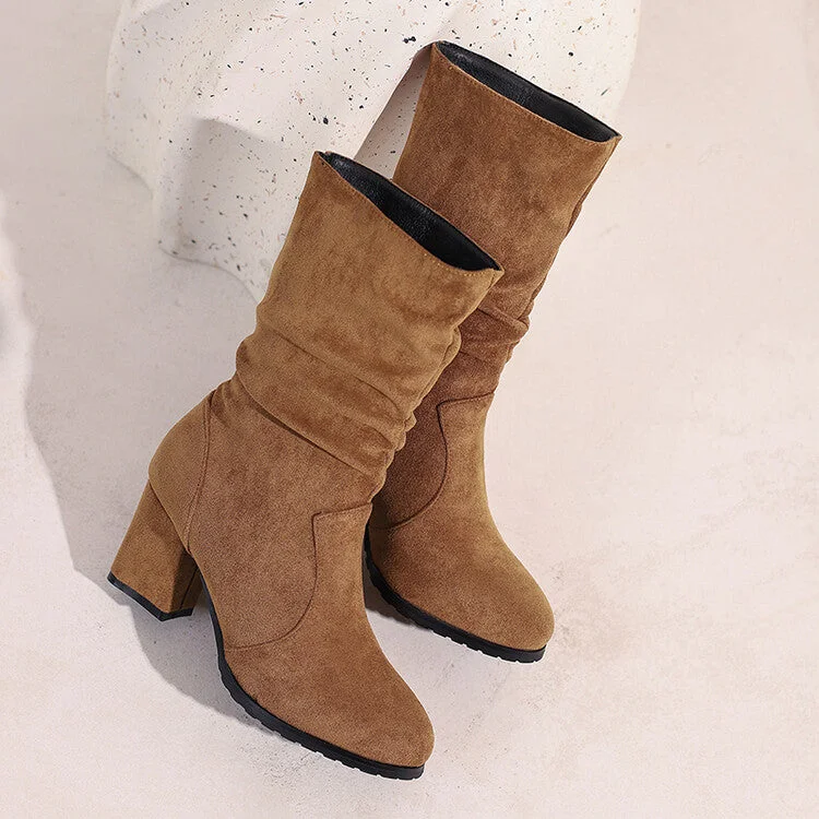 Women's Round Toe Slouch Block Chunky Heel Mid-Calf Boots