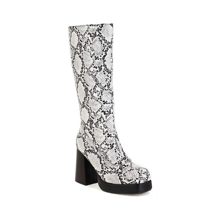 Snake Printed Square Toe Side Zippers Block Chunky Heel Platform Mid-Calf Boots for Women