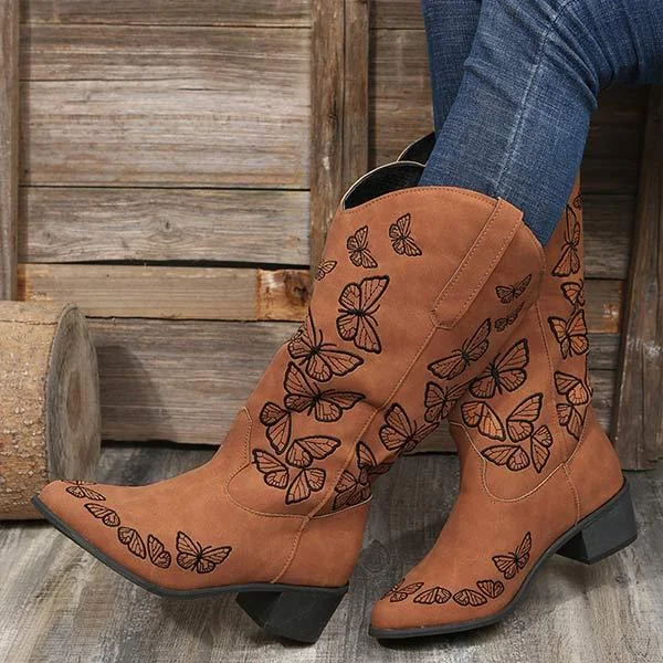 Women'S Butterfly Embroidered Pointed Toe Chunky Heel Boots 85423220C