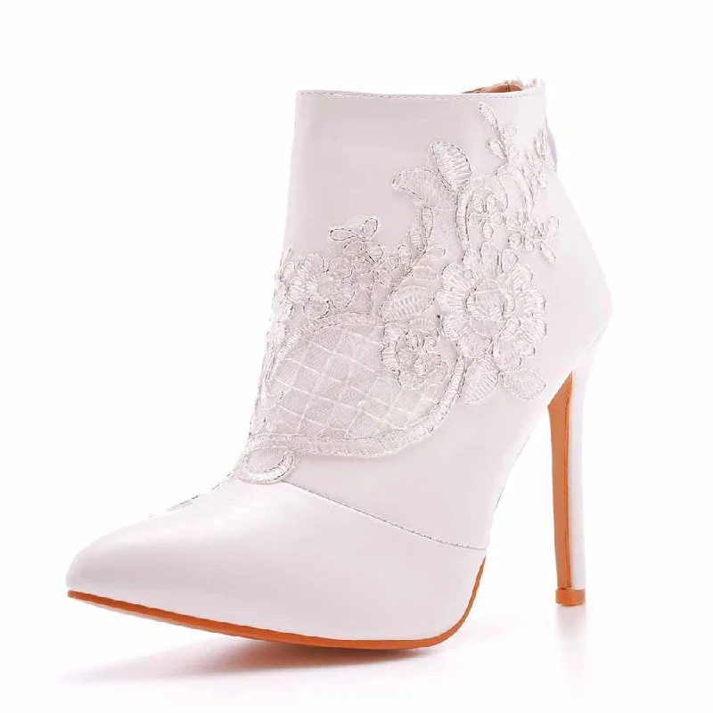 Women's White Boots Appliqued Pointed Toe Stiletto High Heel Wedding Boots