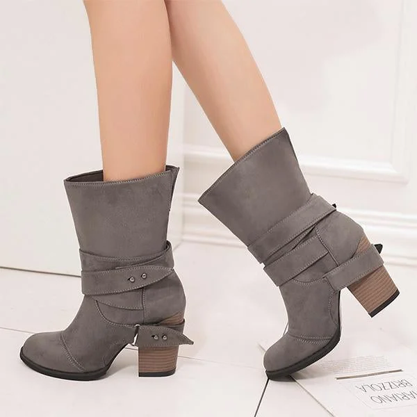 Women's Retro Belt Buckle Chunky Heel Mid-Calf Boots 42043076S