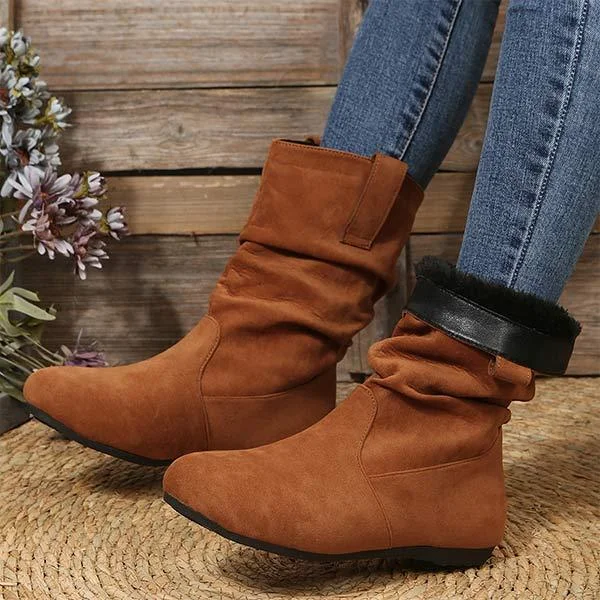 Women's Suede Round Toe Flat Mid Calf Boots 36214137C