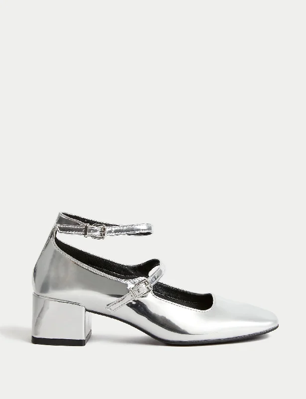 Patent Strappy Block Heel Court Shoes