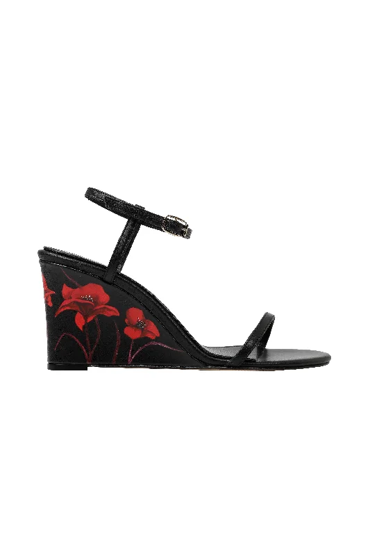 Whispering Poppies - Black Leather Wedged Sandals