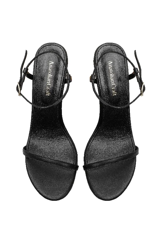 Whispering Poppies - Black Leather Wedged Sandals