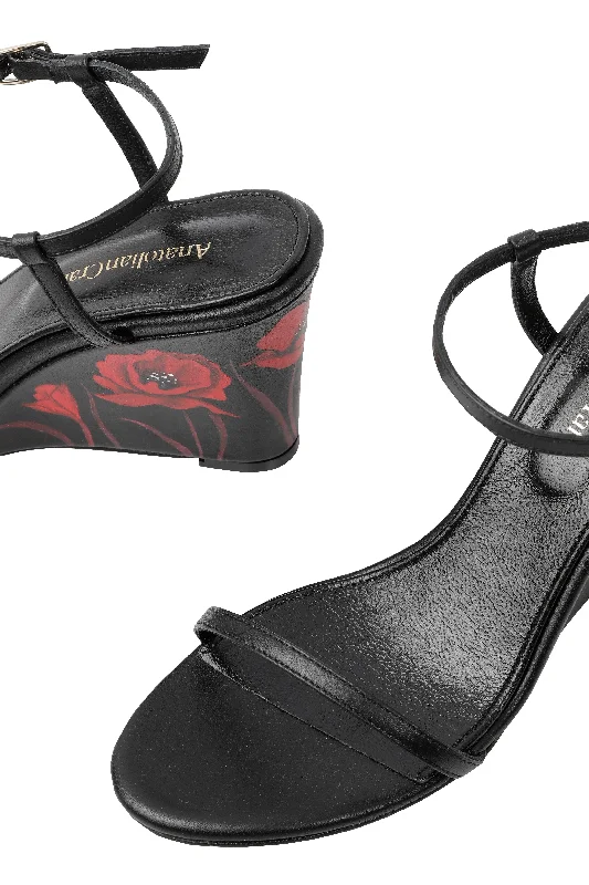 Whispering Poppies - Black Leather Wedged Sandals