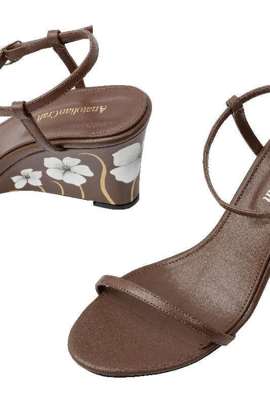 Whispering Poppies - Brown Leather Wedged Sandals